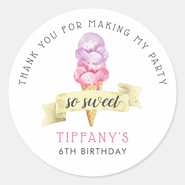 So Sweet Ice Cream Girls Birthday Party Favour Classic Round Sticker (Front)