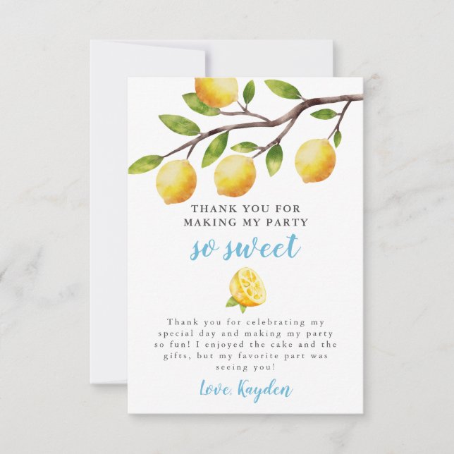 So Sweet Lemon Boys Birthday Party  Thank You Card (Front)