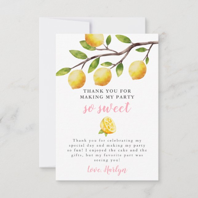 So Sweet Lemon Girls Birthday Party  Thank You Card (Front)