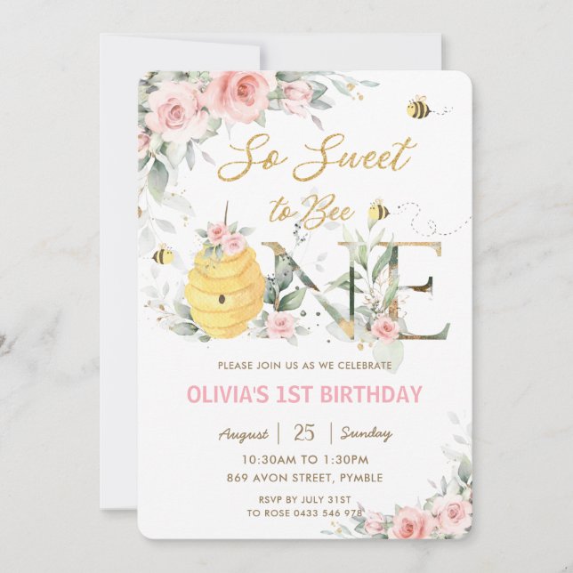 So Sweet To Be One Bees Pink Floral 1st Birthday  Invitation (Front)