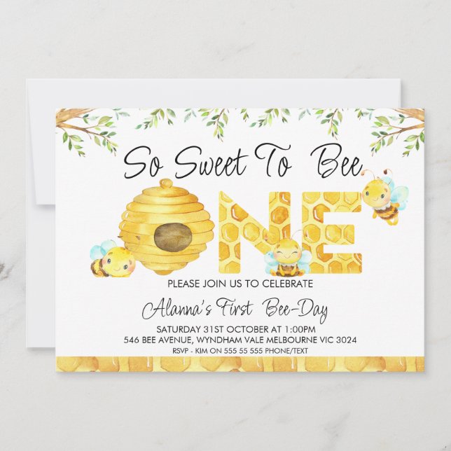 So Sweet To Bee First Birthday Invitation (Front)