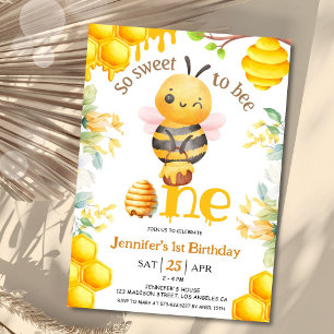 So Sweet To Bee One! 1st Birthday Girl Modern Invitation