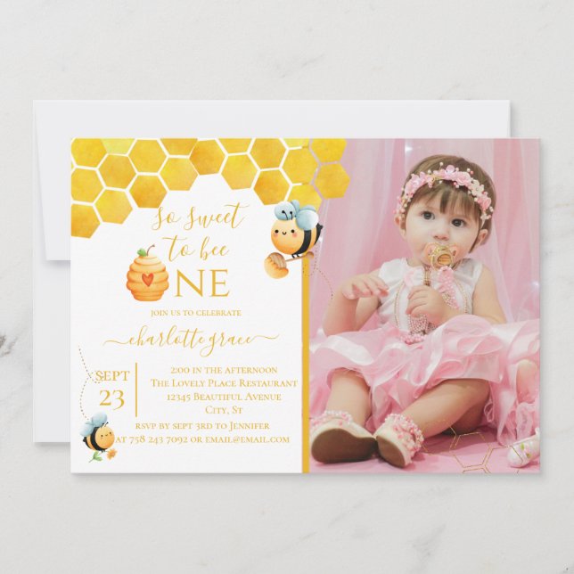 So Sweet To Bee One Bee Photo Birthday Invitation (Front)