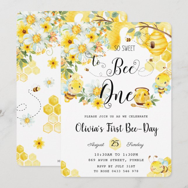 So Sweet to Bee One Cute Bees 1st Birthday   Invitation (Front/Back)