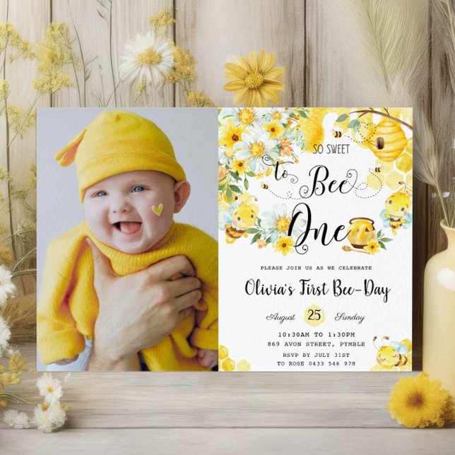 So Sweet to Bee One Cute Bees 1st Birthday Photo Invitation (Creator Uploaded)