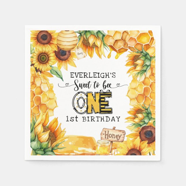 So sweet to bee one floral 1st birthday  napkin (Front)