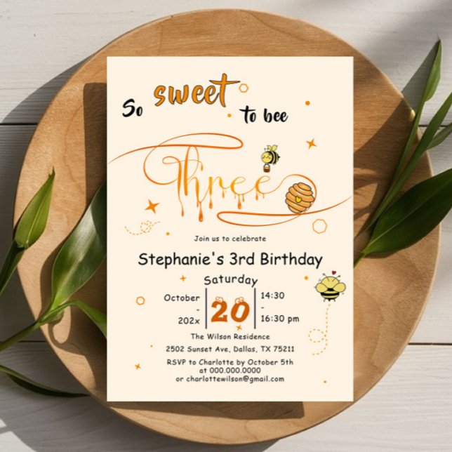 So Sweet To Bee Three Cute Honey Bee 3rd Birthday Invitation (Creator Uploaded)