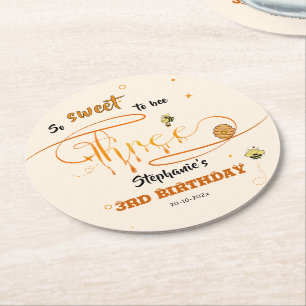 So Sweet To Bee Three Cute Honey Bee 3rd Birthday Round Paper Coaster