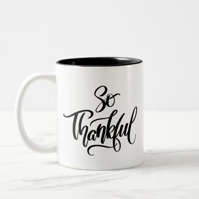 'So Thankful' Brush Calligraphy Two-Tone Coffee Mug (Left)