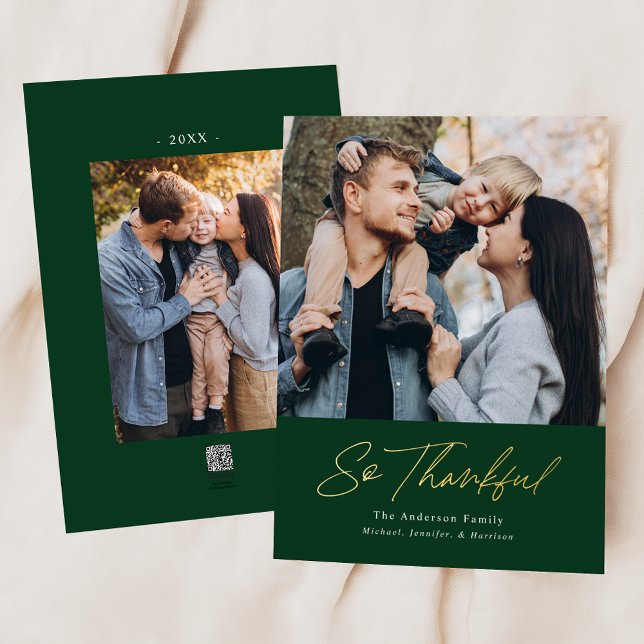 So Thankful Green 2 Photo Thanksgiving Foil Holiday Card (Creator Uploaded)