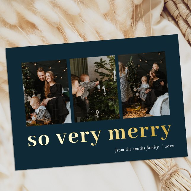 So Very Merry Blue Gold Modern 3 Photo Collage Foil Holiday Card (Creator Uploaded)