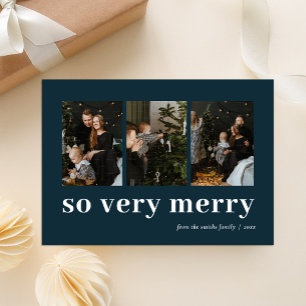 So Very Merry Blue Modern 3 Photo Collage Holiday Card