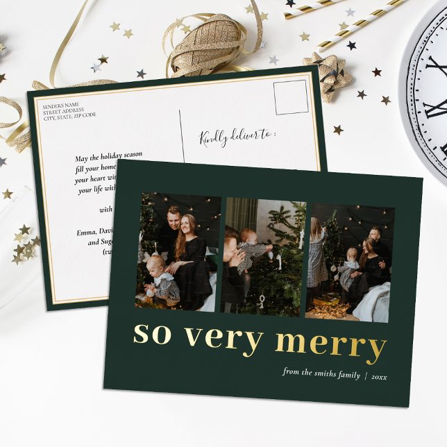 So Very Merry Green Gold Modern 3 Photo Collage Foil Holiday Postcard (Creator Uploaded)