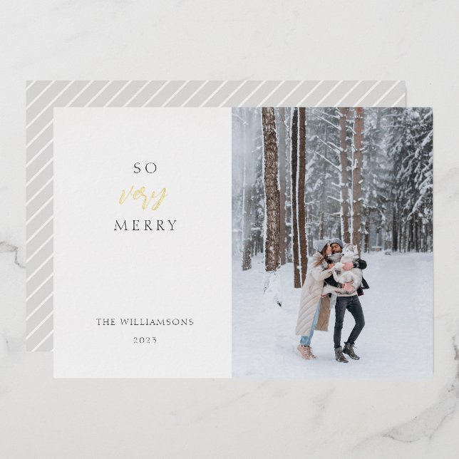 So Very Merry Modern Script Photo Christmas Foil Holiday Card (Front/Back)