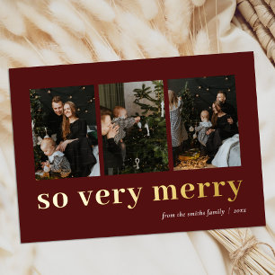 So Very Merry Red Gold Modern 3 Photo Collage Foil Holiday Card