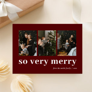So Very Merry Red Modern 3 Photo Collage Holiday Card