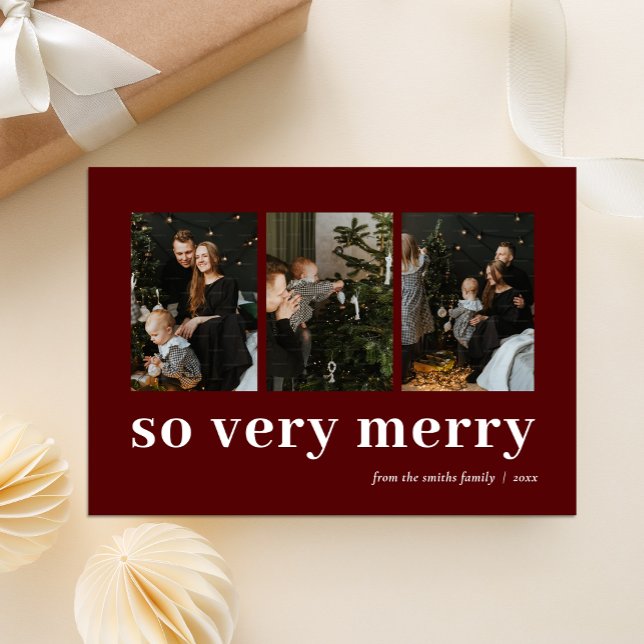 So Very Merry Red Modern 3 Photo Collage Holiday Card (Creator Uploaded)