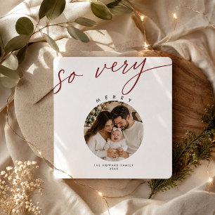 So Very Merry Red Script Circle Christmas Photo Holiday Card