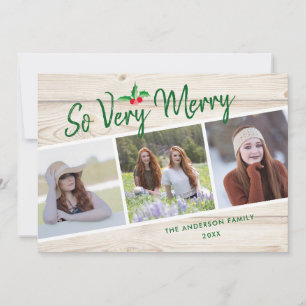 So Very Merry   Rustic 3 Photo Christmas Holiday Card