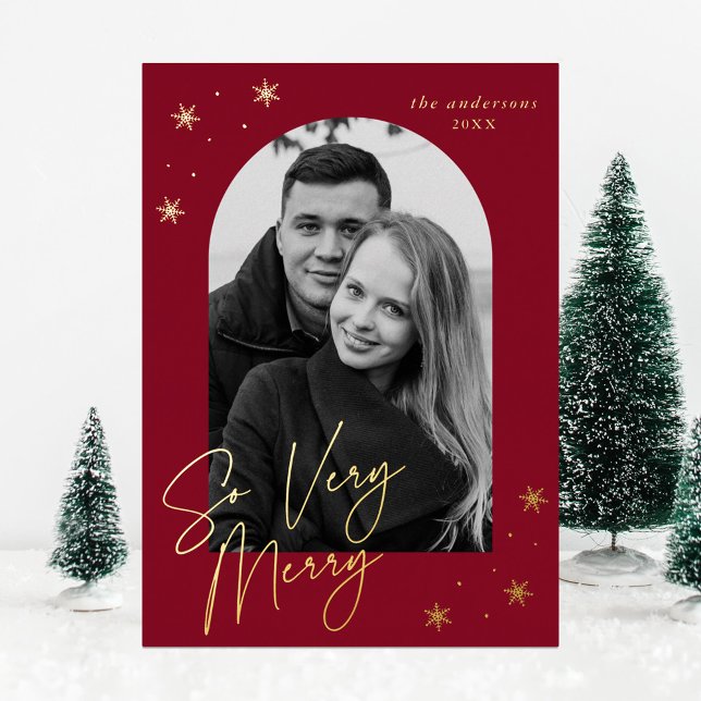 So Very Merry Script Arch Photo Cranberry and Gold Foil Holiday Card (Creator Uploaded)