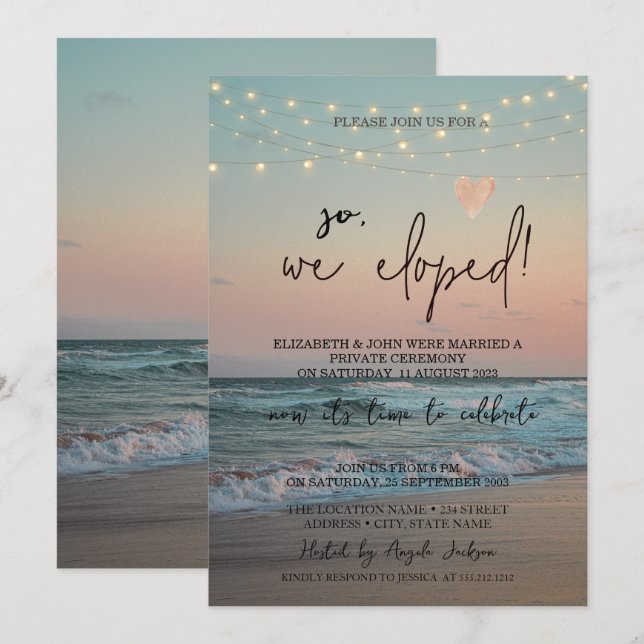 So We Eloped,Beach Sunset Wedding Elopement   Invitation (Front/Back)