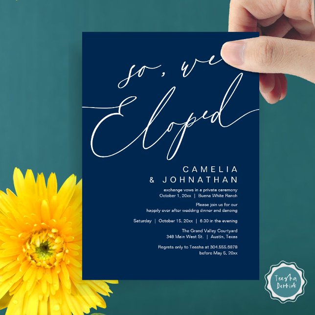 So, We Eloped Modern Romantic Wedding Dinner Party Invitation (So, We Eloped, Modern Romantic Wedding Dinner Brunch Lunch Party Invitation Card PDF Navy Blue)