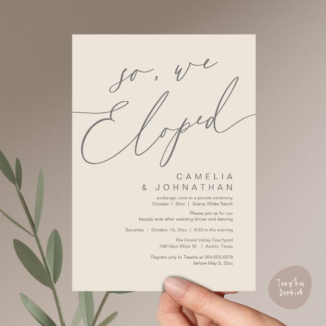 So, We Eloped Modern Romantic Wedding Dinner Party Invitation (So, We Eloped, Modern Romantic Wedding Dinner Brunch Lunch Party Invitation Card PDF Cream Grey)
