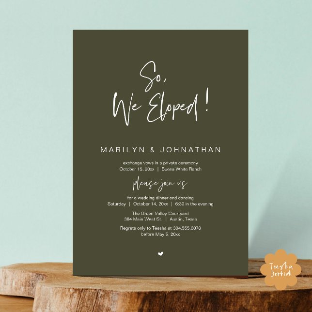So, We Eloped, Modern Wedding Elopement Dinner Invitation (So, We Eloped, Modern Classy Wedding Elopement Dinner Party Invitation Card PDF Olive Green Greenery)