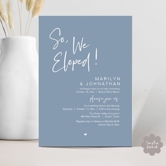 So, We Eloped, Modern Wedding Elopement Dinner Invitation (So, We Eloped, Modern Classy Wedding Elopement Dinner Party Invitation Card PDF Dusty Blue)