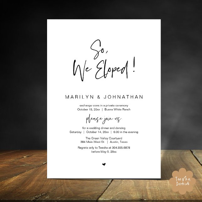 So, We Eloped, Modern Wedding Elopement Dinner Invitation (So, We Eloped, Modern Classy Wedding Elopement Dinner Party Invitation Card PDF Black White)
