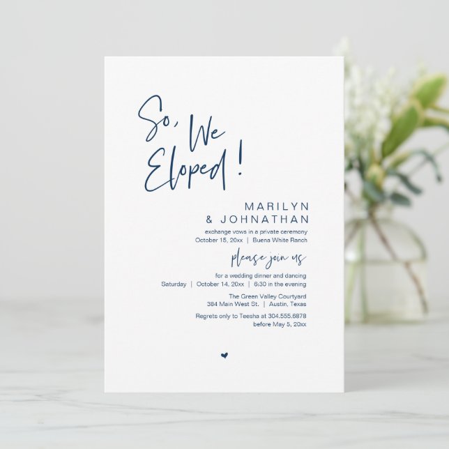 So, We Eloped, Modern Wedding Elopement Dinner Invitation (Standing Front)