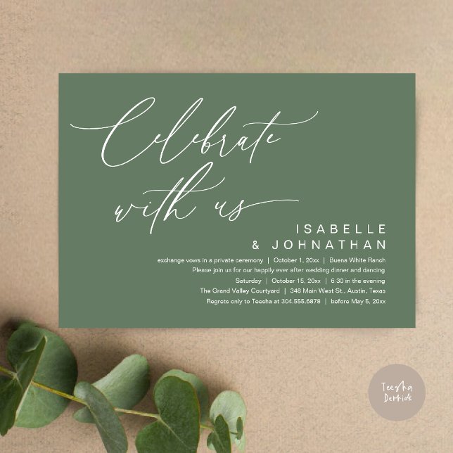 So, We Eloped, Romantic Wedding Dinner Party Invitation (Romantic Wedding Dinner Party, Celebrate with us Lunch Brunch Modern Invites Card  PDF Sage Green)