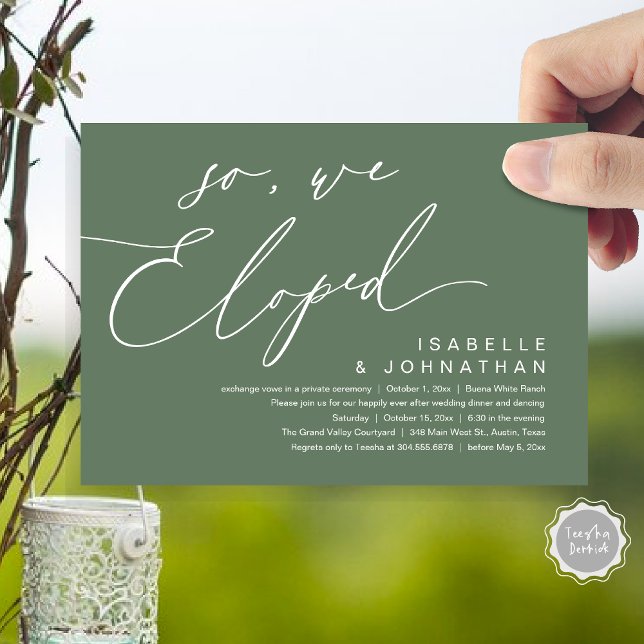 So, We Eloped, Romantic Wedding Dinner Party Invitation (So, We Eloped, Modern Romantic Wedding Dinner Brunch Lunch Party Invitation Card PDF Sage Green)