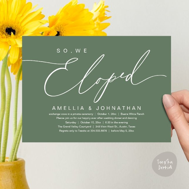 So, We Eloped, Romantic Wedding Elopement Party Invitation (So, We Eloped, Modern Romantic Wedding Dinner Brunch Lunch Party Invitation Card PDF Sage Green)