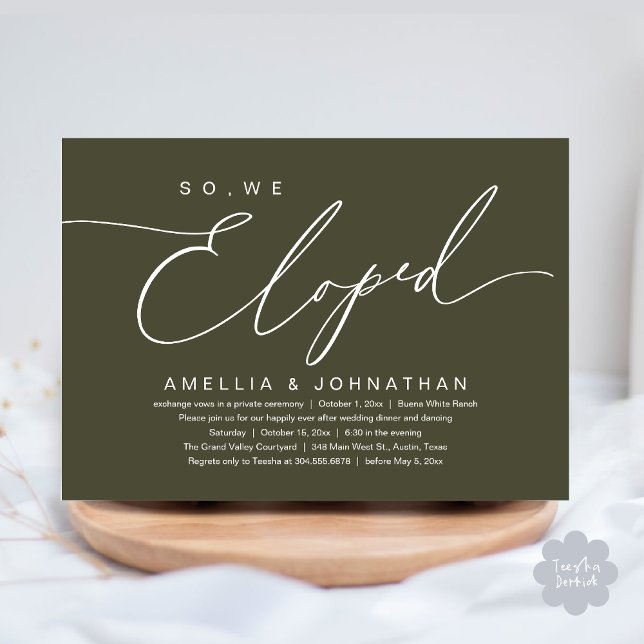 So, We Eloped, Romantic Wedding Elopement Party Invitation (So, We Eloped, Modern Romantic Wedding Dinner Brunch Lunch Party Invitation Card PDF Olive Green)