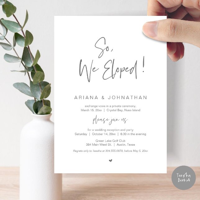 So, We Eloped, Wedding Elopement, in Dark Grey Invitation (So, We Eloped, Modern Wedding Elopement Dinner Invitation Card, PDF, in Dark Grey)