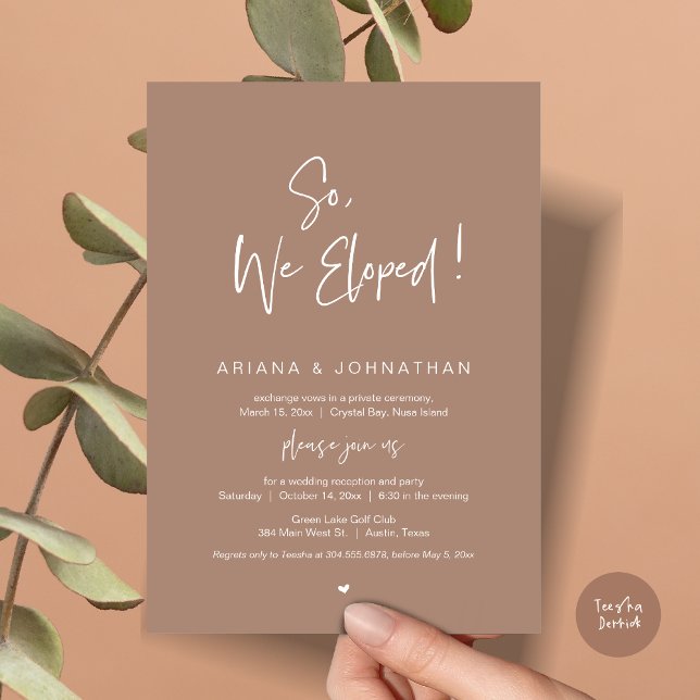 So, We Eloped, Wedding Elopement, in Neutral Taupe Invitation (So, We Eloped, Modern Wedding Elopement Dinner Invitation Card, PDF, in Neutral Taupe)