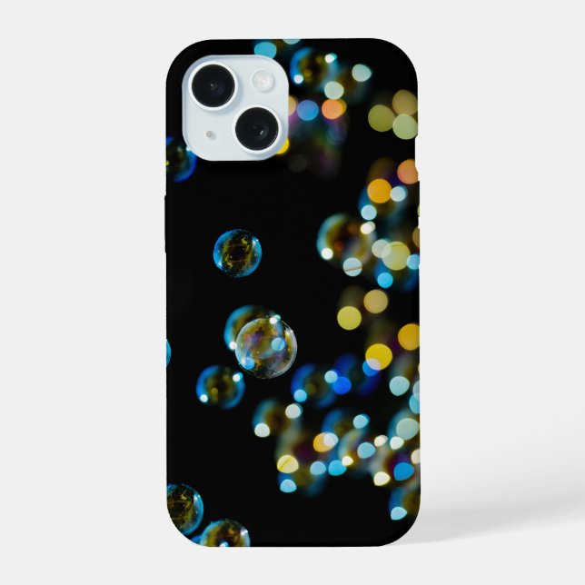 Soap Bubbles Bokeh on Black iPhone 15 Case (Back)