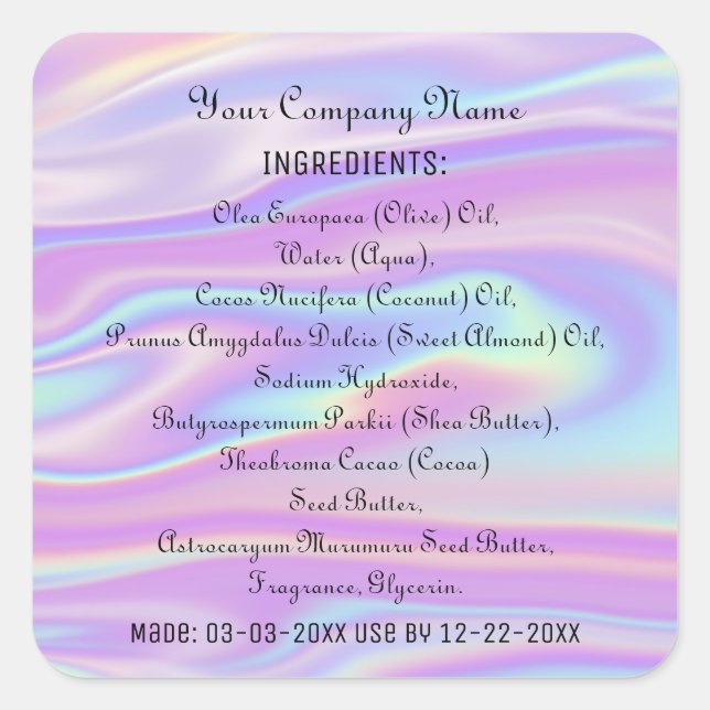 Soap Skincare Ingredient Listing Product Name Square Sticker (Front)