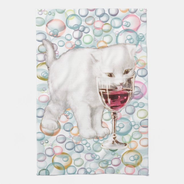 Soapy Bubbles Red Wine Drinker Kitten Tea Towel (Vertical)