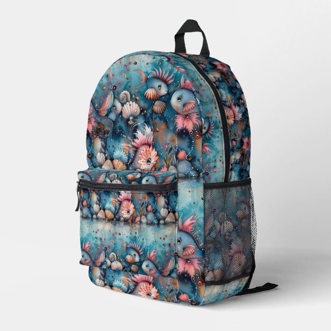 Soapy sea funny fish inhabitants printed backpack (Back Corner Right)