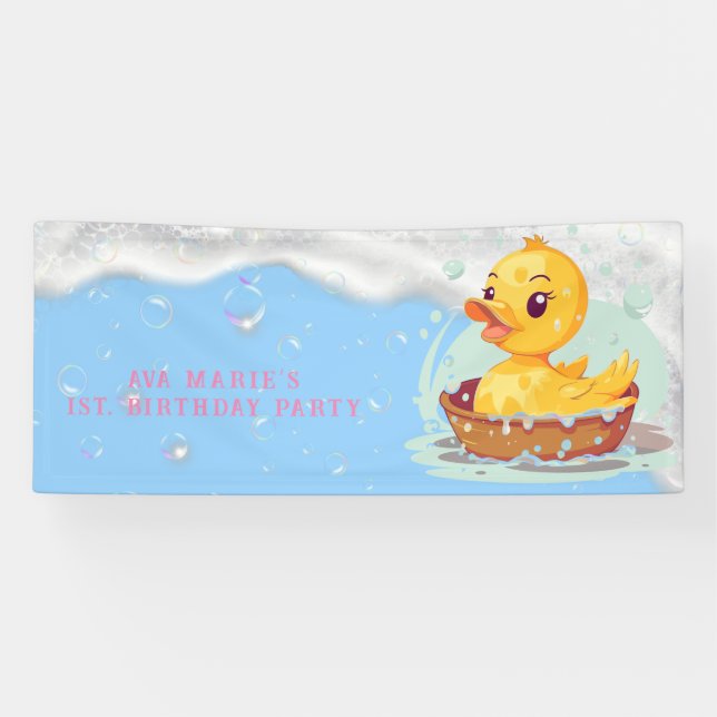Soapy Yellow Rubber Duck Girl 1st birthday Party Banner (Horizontal)