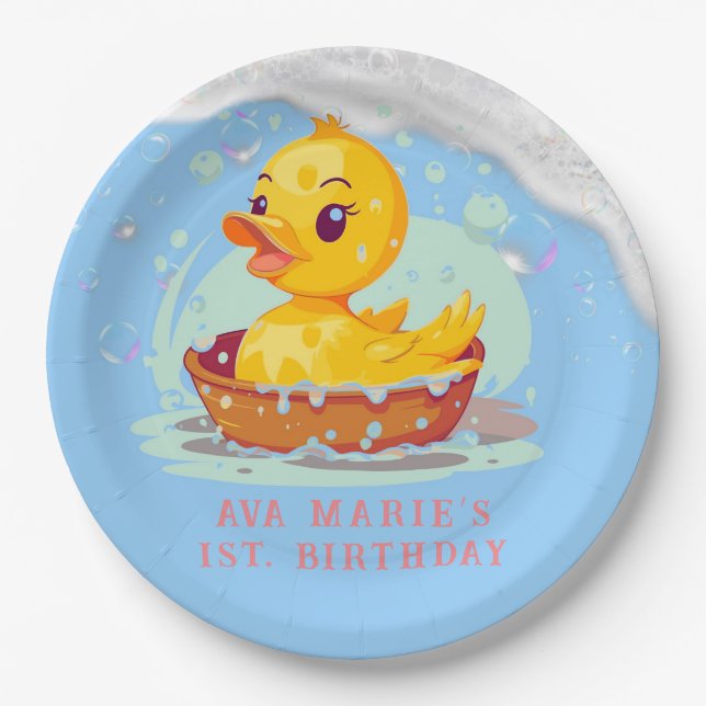 Soapy Yellow Rubber Duck Girl 1st birthday Party Paper Plate (Front)