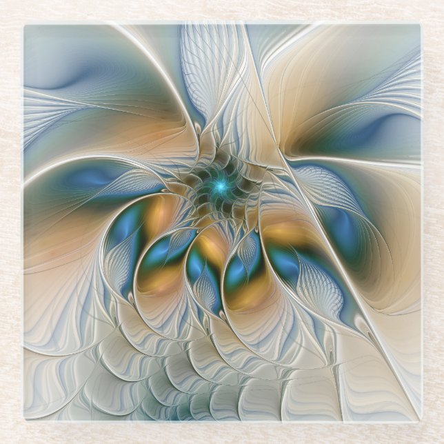 Soaring, Abstract Fantasy Fractal Art With Blue Glass Coaster (Front)