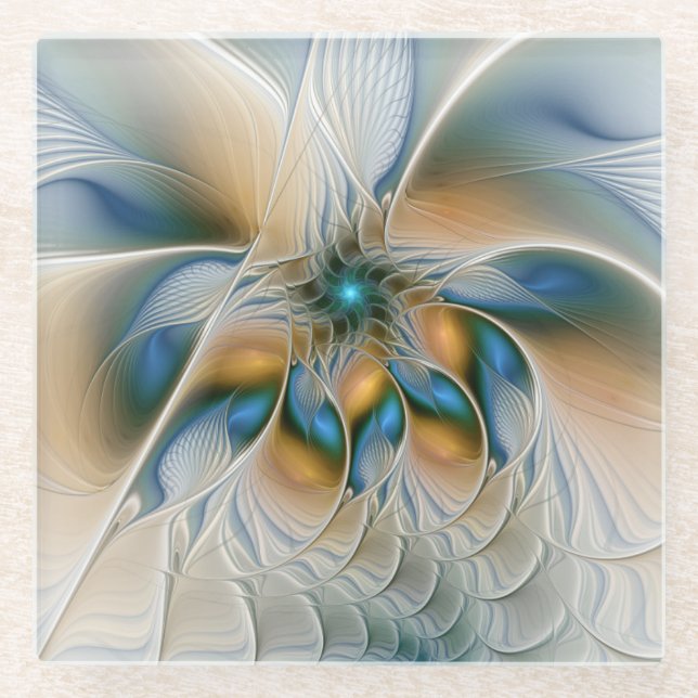 Soaring, Abstract Fantasy Fractal Art With Blue Glass Coaster (Front)