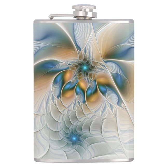 Soaring, Abstract Fantasy Fractal Art With Blue Hip Flask (Front)