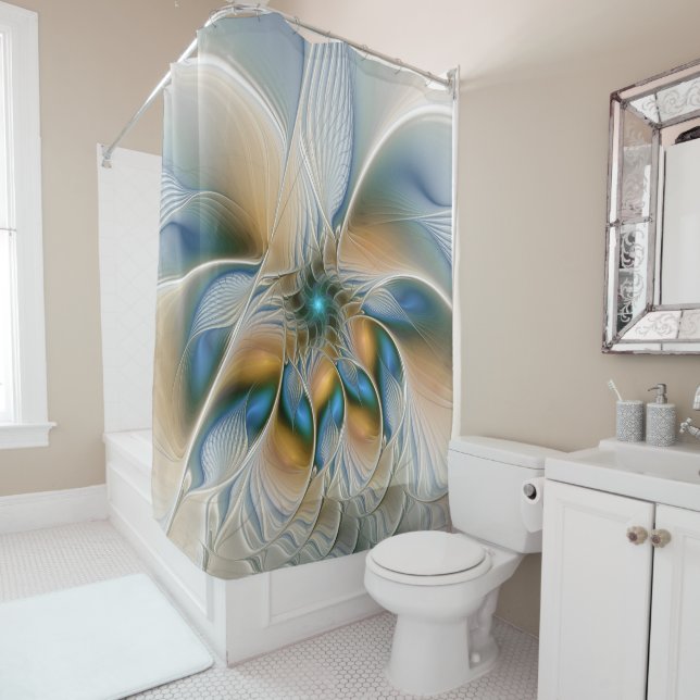 Soaring, Abstract Fantasy Fractal Art With Blue Shower Curtain (In Situ)