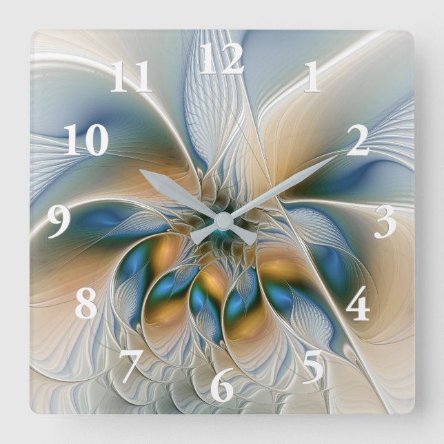 Soaring, Abstract Fantasy Fractal Art With Blue Square Wall Clock (Front)