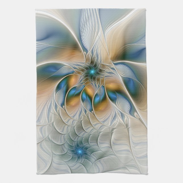 Soaring, Abstract Fantasy Fractal Art With Blue Tea Towel (Vertical)