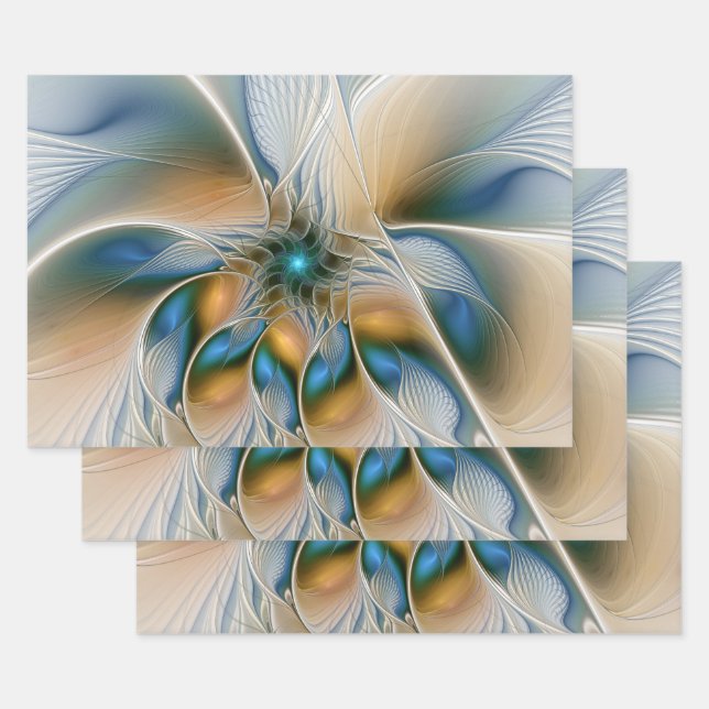 Soaring, Abstract Fantasy Fractal Art With Blue Wrapping Paper Sheet (Set)